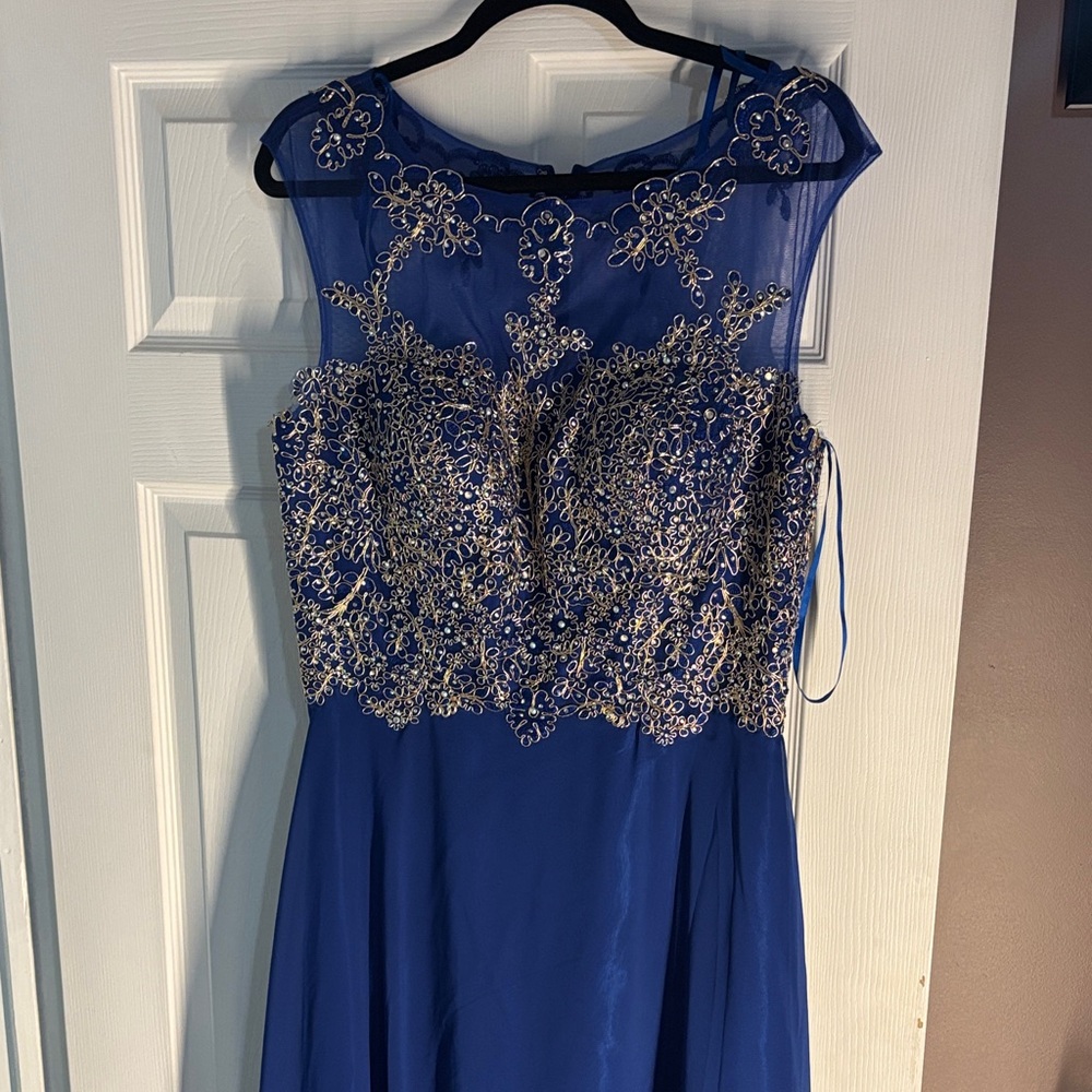 Elegant Blue and Gold Embroidered Dress